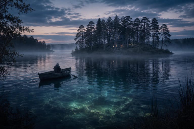 Lake Plateliai with mist, a boat, and mysterious light near an island