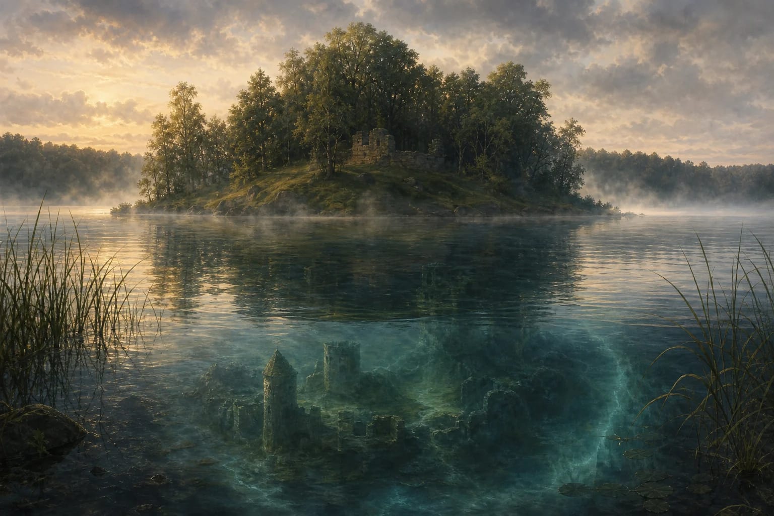 Mystery of Lake Plateliai visual interpretation with Lake Plateliai, Castle Island, mystery motifs