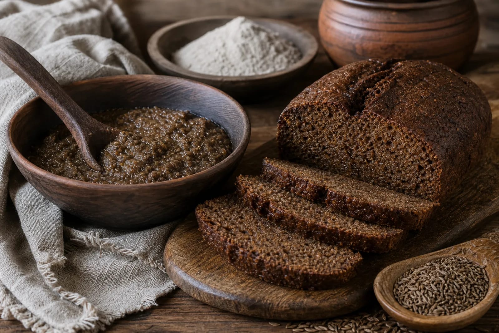 Plikyta duona: rye bread made with a flour scald prepared with hot water in a Lithuanian traditional food context