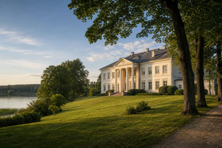 Historicist Plinkšiai Manor palace with a park by Lake Plinkšiai