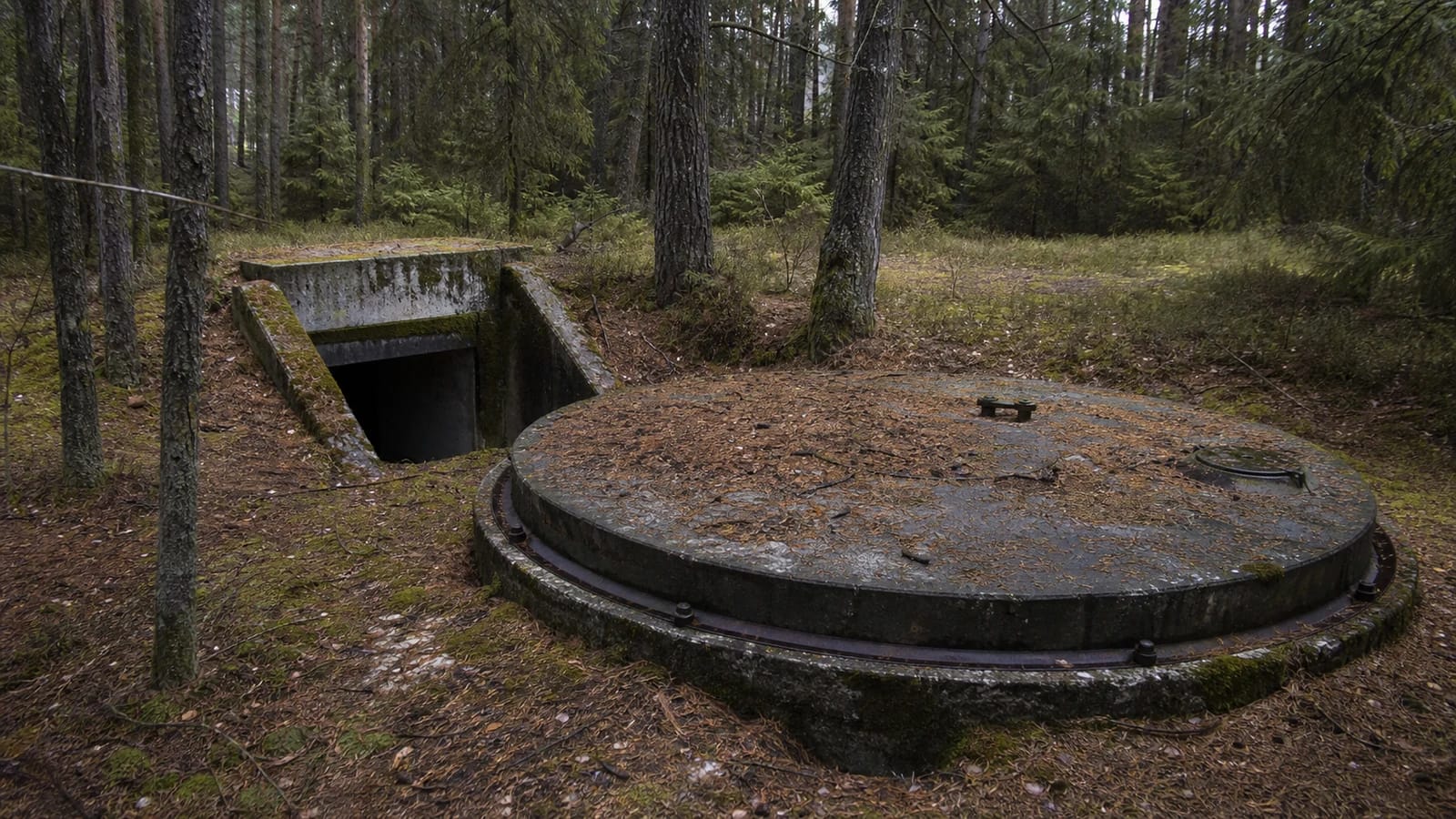 Missile-silo cover and concrete entrance of Plokštinė Missile Base in the forest