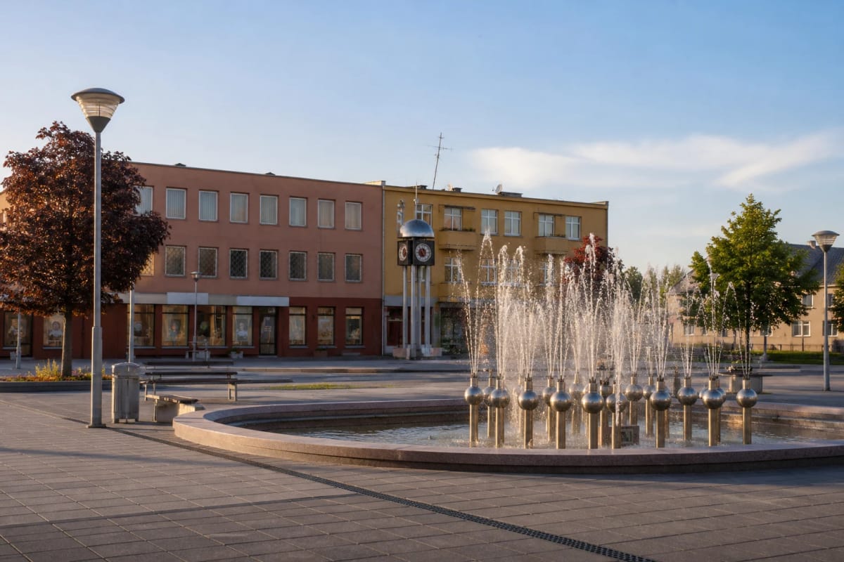 Fountain and clock in Plungė Old Town Square among low town-centre buildings