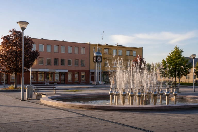 Фонтан и часы на площади Старого города в Плунге среди невысоких зданий центра
