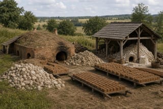 A traditional brickworks and lime-burning site with a clay brick kiln, lime kiln, firewood, and a simple production shelter
