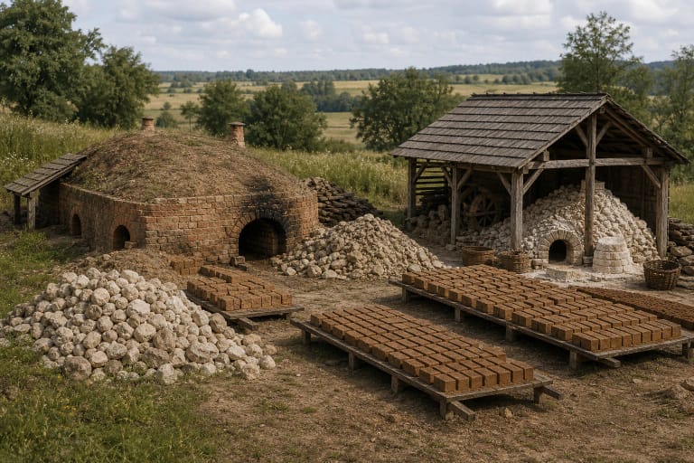 A traditional brickworks and lime-burning site with a clay brick kiln, lime kiln, firewood, and a simple production shelter