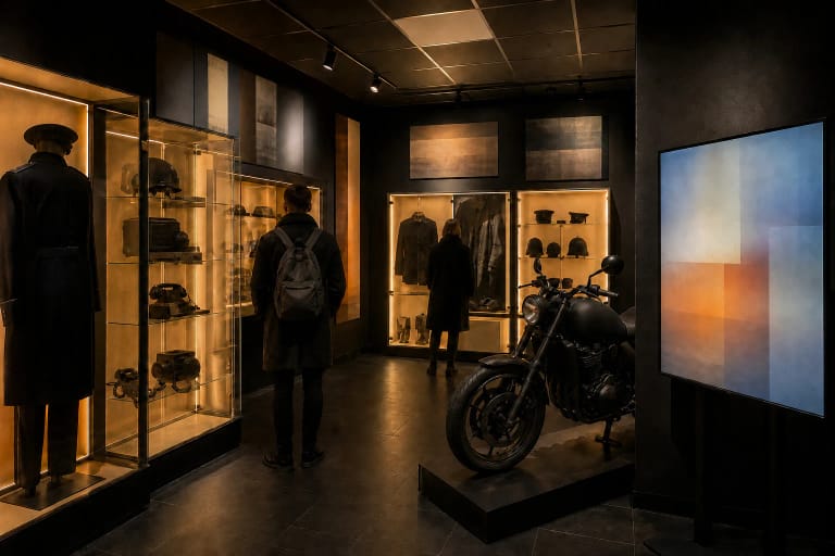 Tamsi Lietuvos policijos muziejaus salė su šiltai apšviestomis uniformų, ryšio priemonių ir motociklo ekspozicijomis