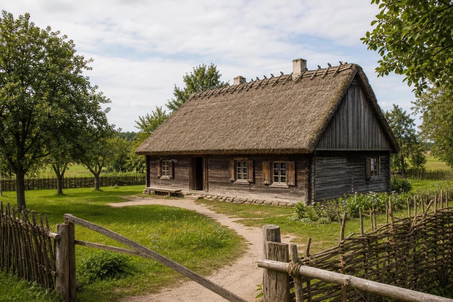 Reed-roofed birthplace homestead of Povilas Višinskis in Ušnėnai