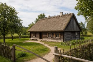 Nendrėmis dengta Povilo Višinskio gimtoji sodyba Ušnėnuose