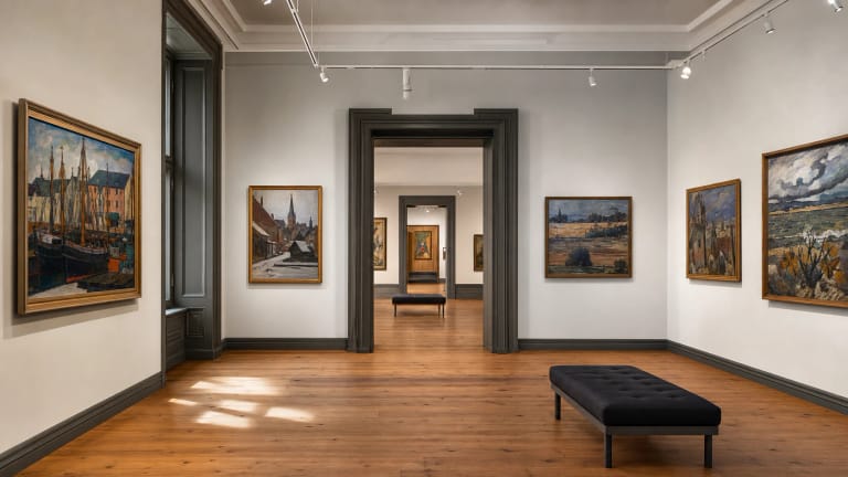 Prano Domšaičio galerijos salė Klaipėdoje su ekspresyvistiniais paveikslais, šviesiomis sienomis ir Liepų gatvės istorinės architektūros nuotaika