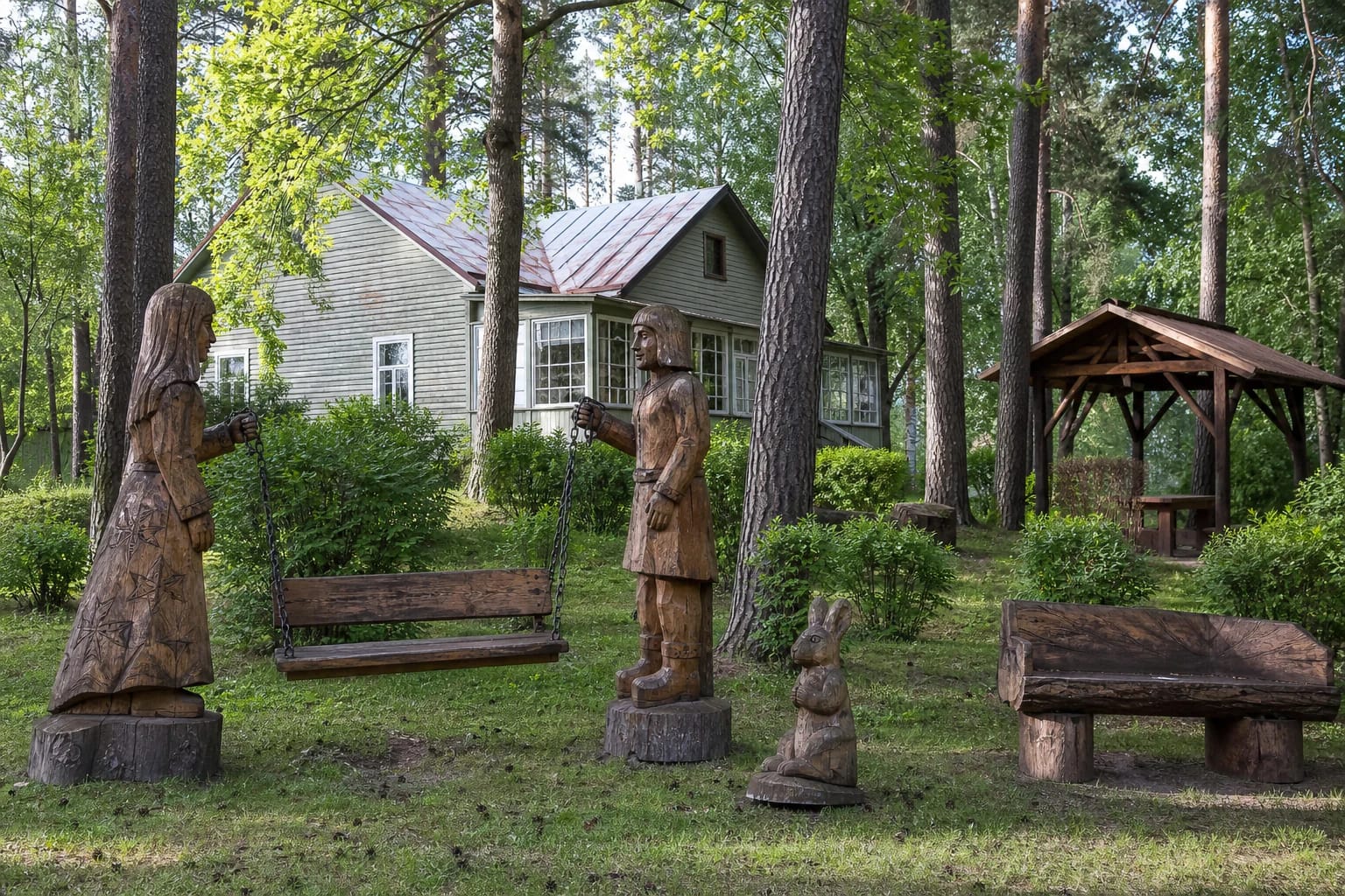 Oak fairy-tale figures holding a swing bench among pines in Pranas Mašiotas Fairy-Tale Park, Kačerginė