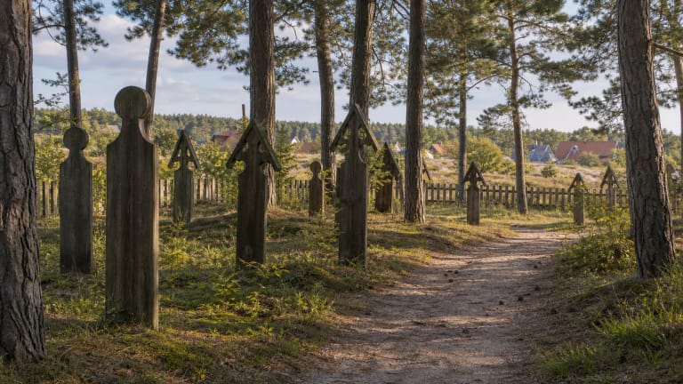 Preilos etnografinių kapinių takas miško apsuptyje su senais kapų ženklais ir krikštų formos mediniais paminklais Kuršių nerijoje