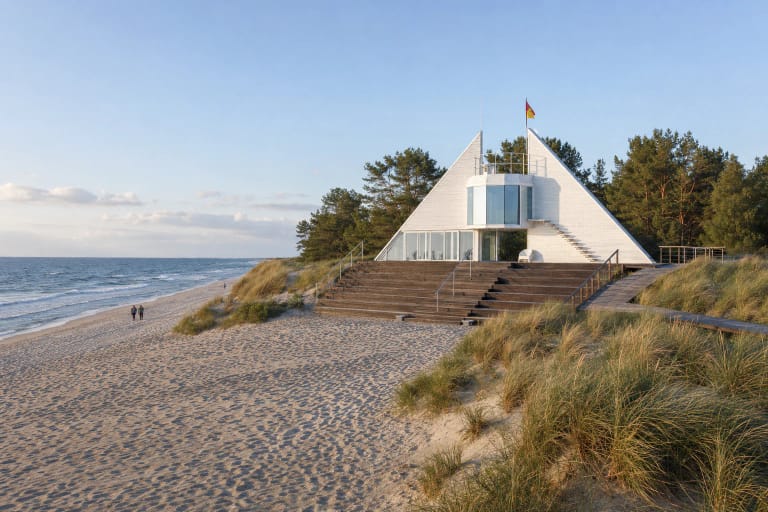 Preila Beach lifeguard station and stepped terrace among grassy Curonian Spit dunes beside the Baltic Sea