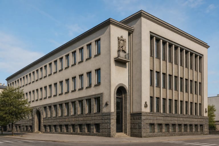 Prekybos, pramonės ir amatų rūmų Kaune kampinis fasadas su granito cokolu, arkiniais portalais ir reljefais