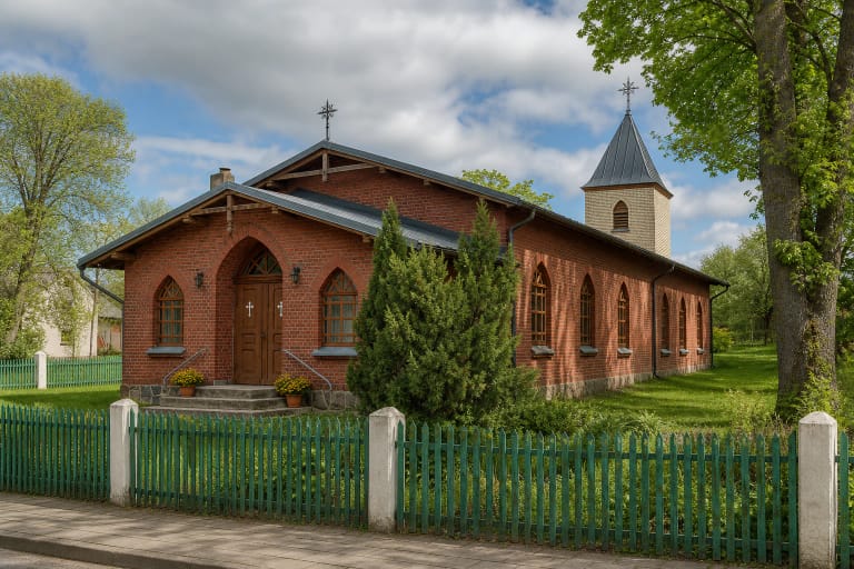 Priekulės evangelikų liuteronų bažnyčios ilgas raudonų plytų korpusas ir šviesių plytų varpinės bokštas medžių apsuptame šventoriuje