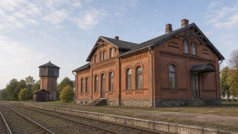 Priekulės geležinkelio stoties raudonplytis pastatas ir bėgių perspektyva