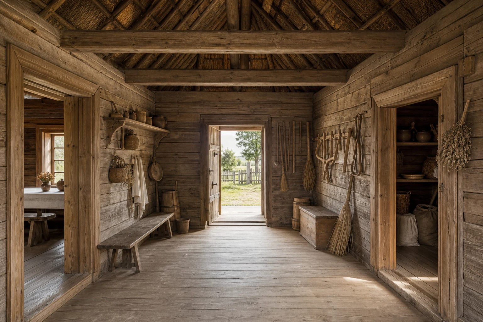 The priemenė of a traditional log house with outside doors, wooden floor, firewood, tubs, and a door into the pirkia