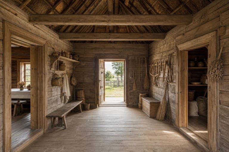 The priemenė of a traditional log house with outside doors, wooden floor, firewood, tubs, and a door into the pirkia