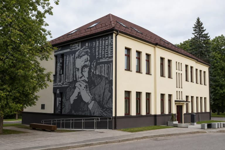 Šviesus dviejų aukštų Prienų Justino Marcinkevičiaus viešosios bibliotekos pastatas su rudu stogu, aukštais langais, įėjimo rampa ir nespalvotu poeto portretu ant šoninio fasado