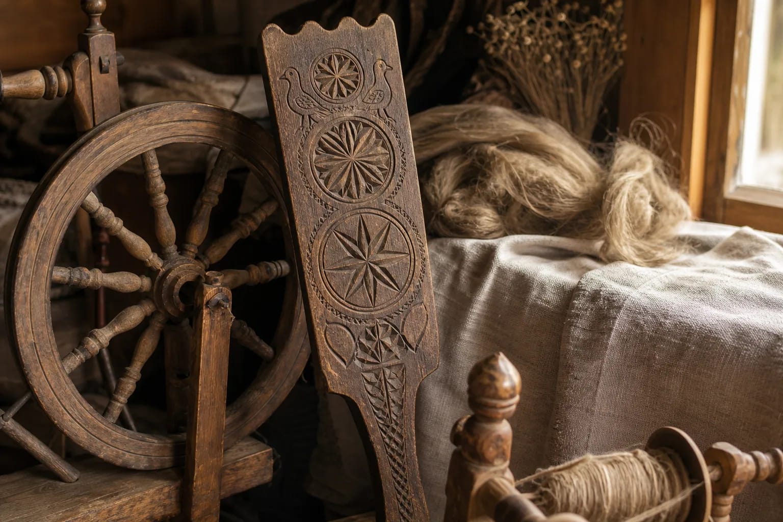 Резная приверсте с Саулуте, сегментными звёздами и птичками.