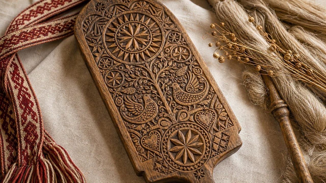 Lithuanian distaff board with sunbursts, segmented stars, little birds, and the tree of life