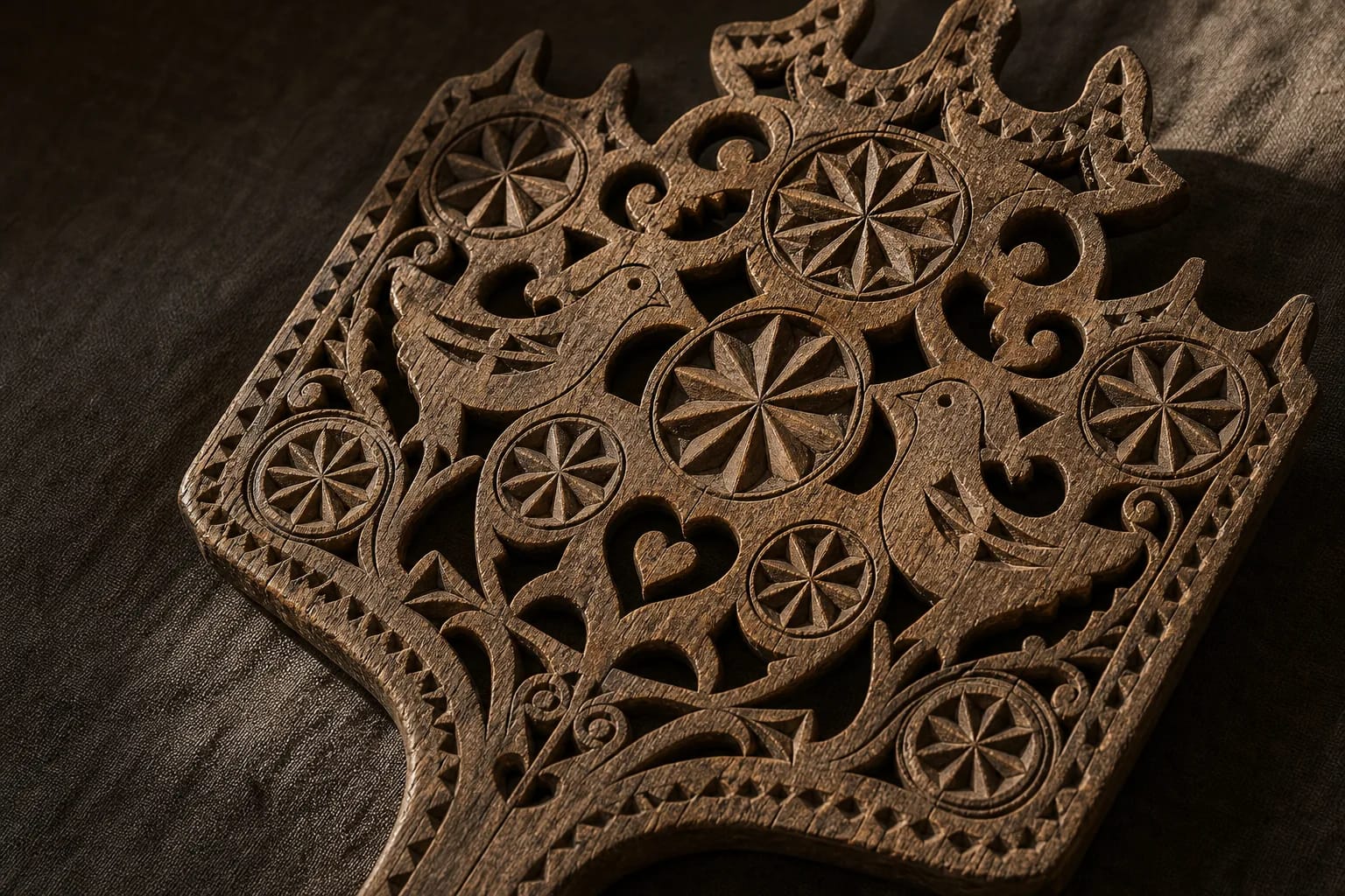 Distaff-board ornament gathers sunbursts, birds, and hearts.