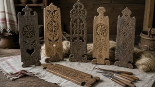 Lithuanian carved prieverpstės with sunbursts, segmented stars, birds, hearts, openwork, initials, and dates