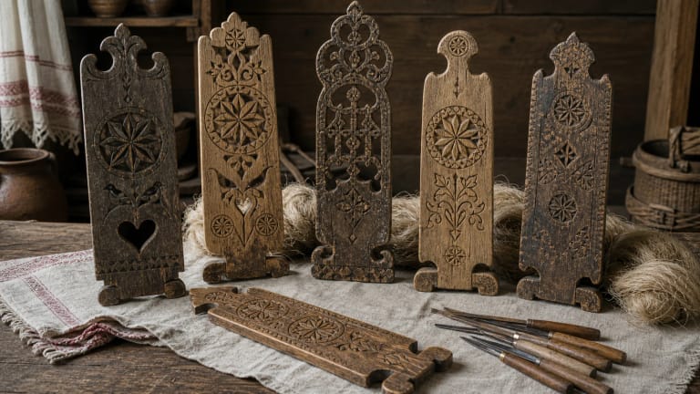 Lithuanian carved prieverpstės with sunbursts, segmented stars, birds, hearts, openwork, initials, and dates