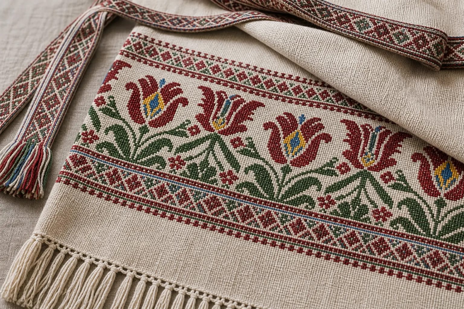 Inserted-weft technique creates a rich floral apron pattern.