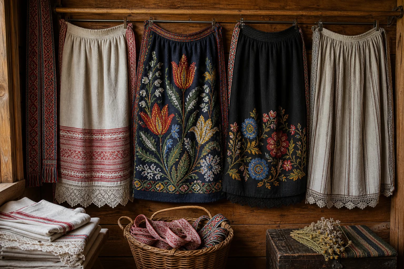 Lithuanian national-costume aprons with linen, woven, embroidered, and kaišytinės plant motifs