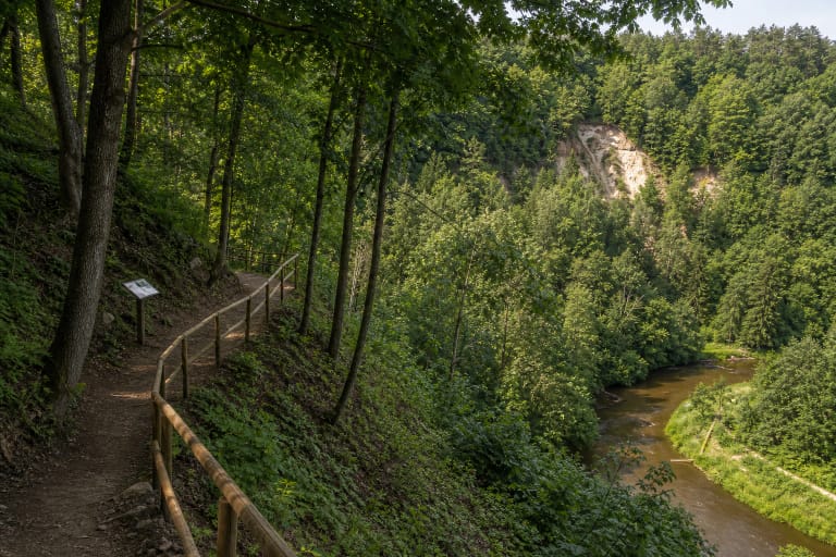 Pūčkoriai Nature Trail in Pavilniai Regional Park with a forest path, Vilnia valley, and outcrop slopes