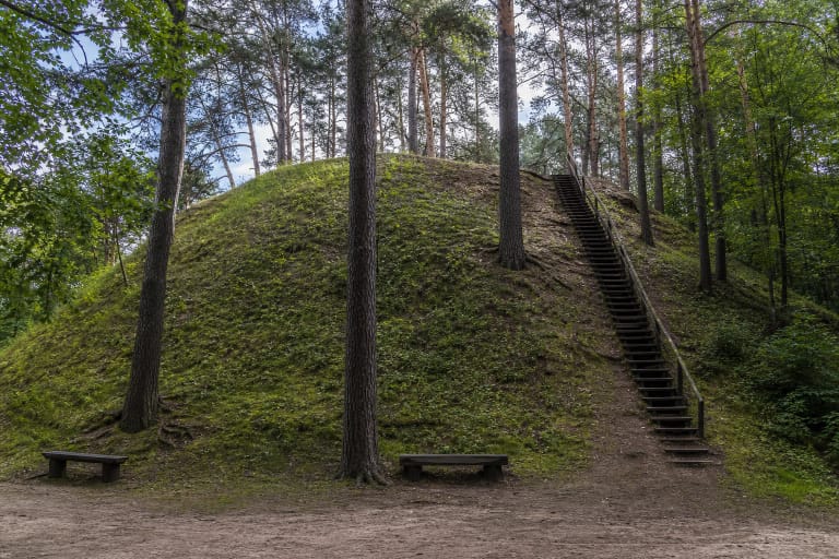 Narrow timber steps climbing the green, tree-covered slope of Pūčkoriai Hillfort in the Vilnia Valley