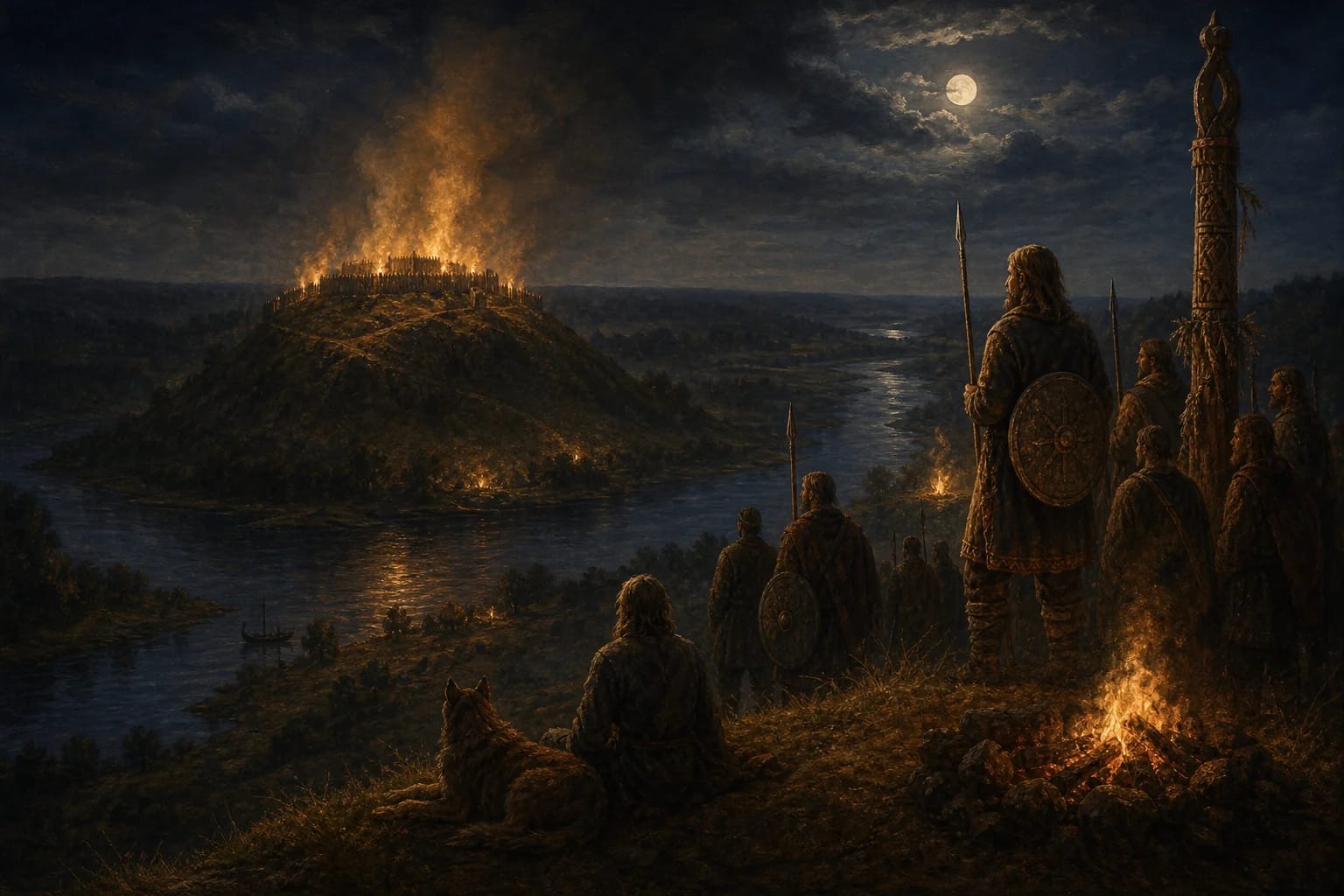 Legend of Punia Hillfort visual interpretation with Margiris, Pilėnai, fire motifs