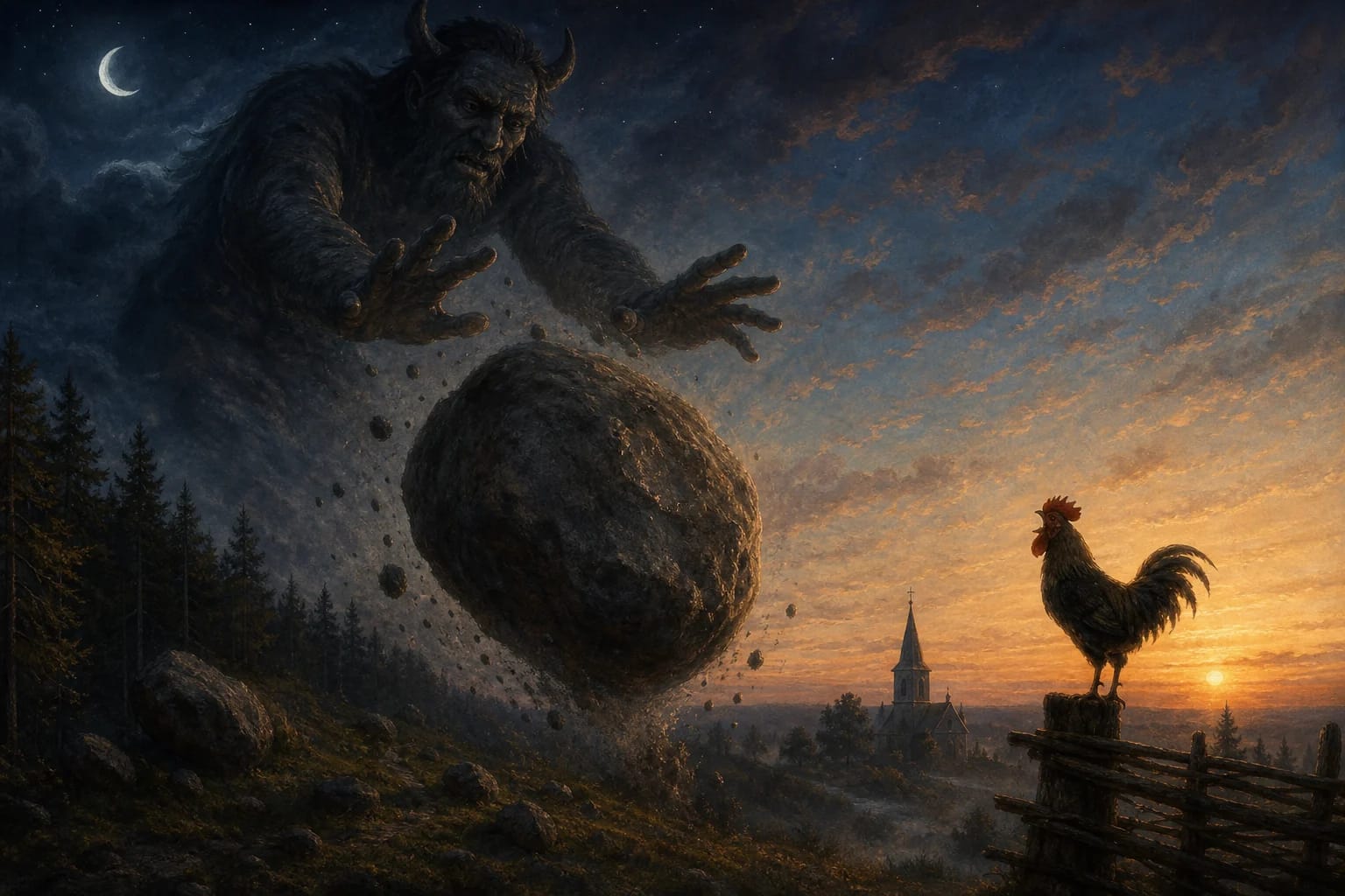 Legend of Puntukas Stone visual interpretation with devil, rooster, stone motifs