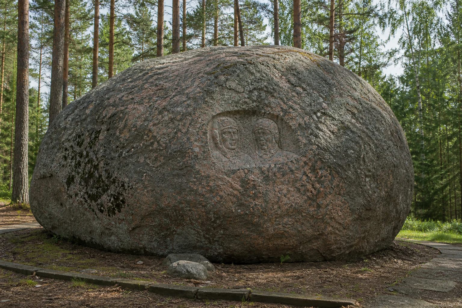 Puntukas Stone in Anykščių šilelis with the carved Darius and Girėnas bas-relief field