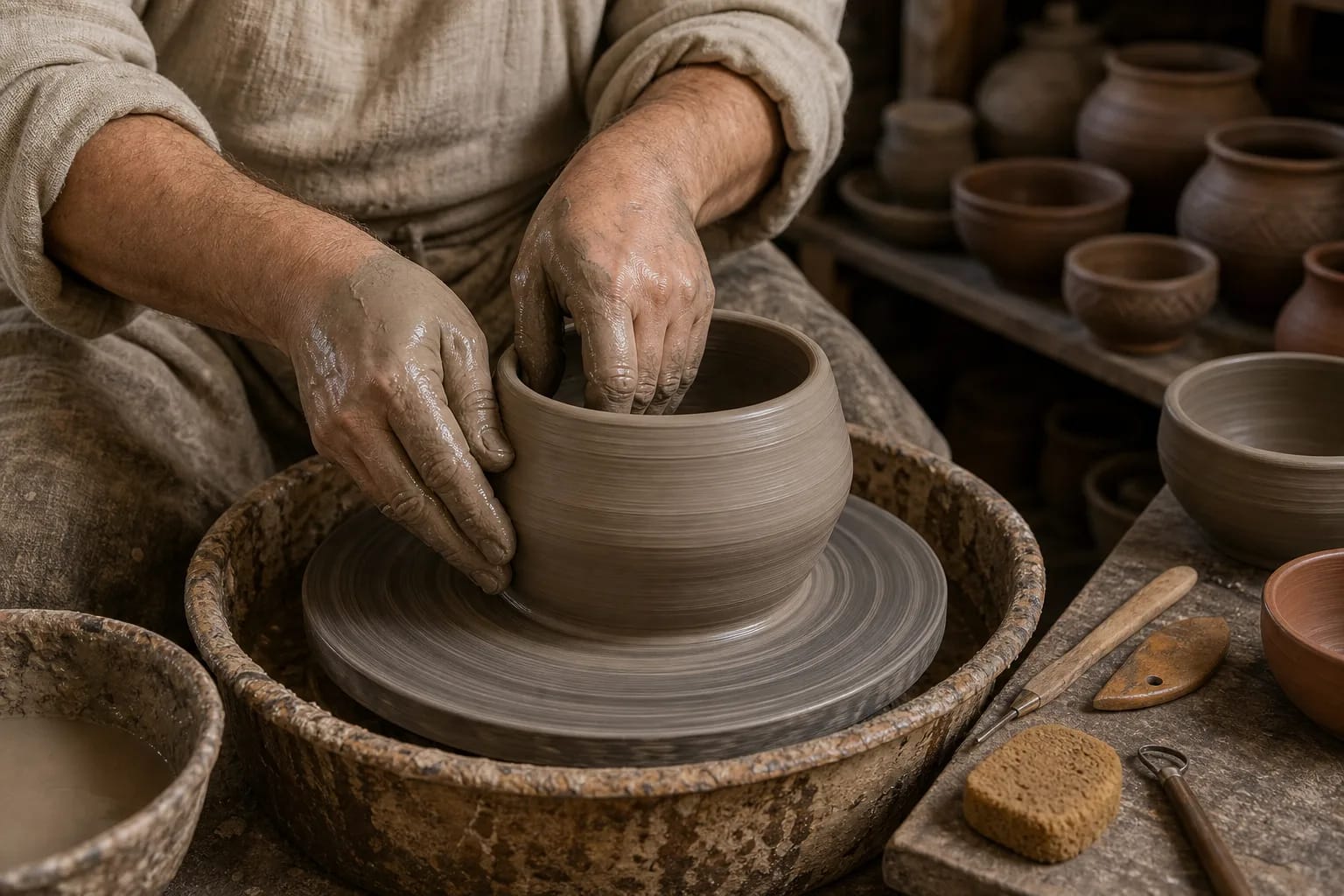 A potter throws a clay vessel on the wheel.