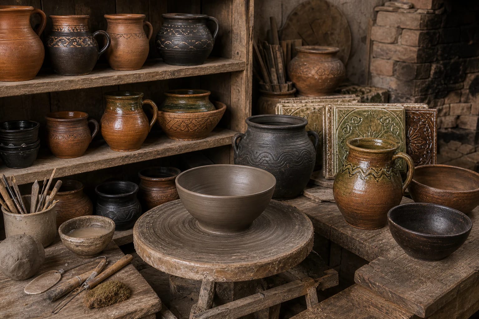 A Lithuanian ceramics workshop with a potter's wheel, clay vessels, and stove tiles