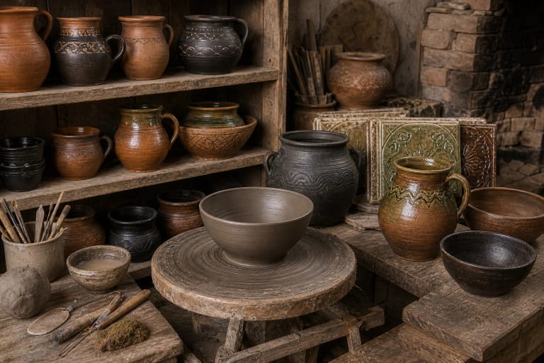 A Lithuanian ceramics workshop with a potter's wheel, clay vessels, and stove tiles