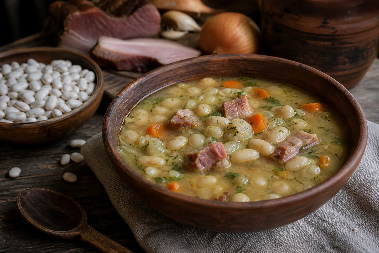 Pupelių sriuba: thick white bean and smoked meat soup in a Lithuanian traditional food context