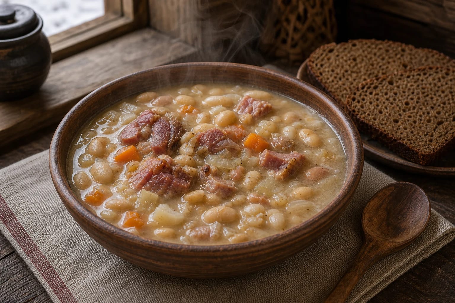 Thick white bean soup in a bowl with smoked pork, carrots, onions, and rye bread on a wooden table