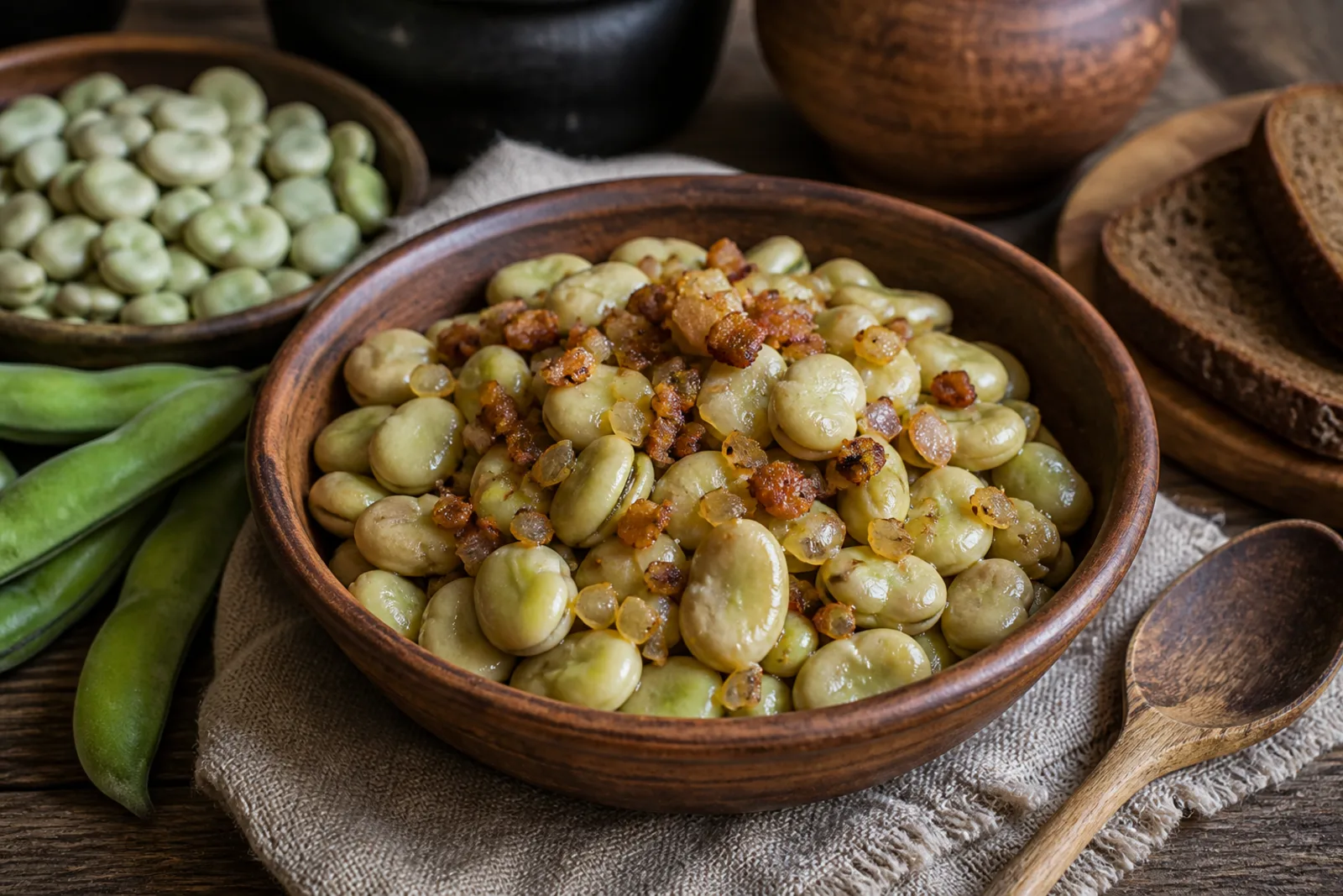 Pupos su spirgučiais: boiled large-seeded fava beans with a fried bacon-crackling sauce in a Lithuanian traditional food context