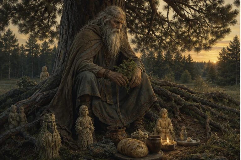 Pušaitis in Lithuanian mythology near tree roots, offerings, and the world of kaukai