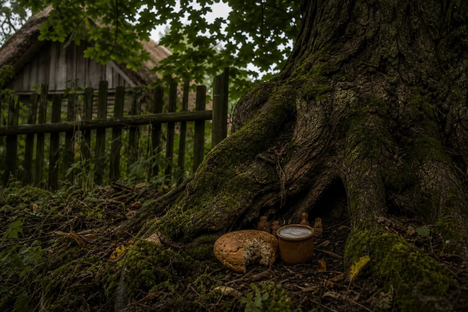 Sacred tree roots, bread, and beer for Pušaitis