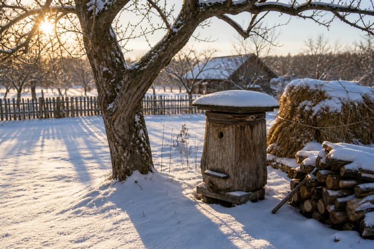 Midwinter snow by an old apple tree, beehive, hay, and firewood with a long winter shadow