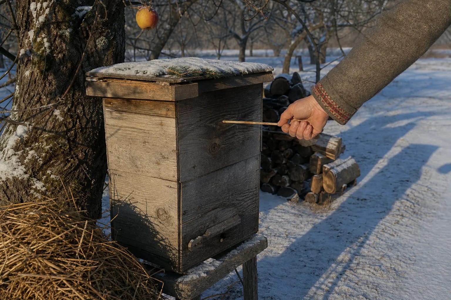 A beehive gently tapped by an apple tree on Pusiauzemis