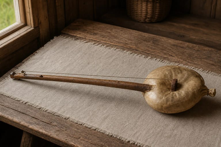 Pūslinė with a wooden stick and inflated bladder as a Lithuanian folk bass instrument