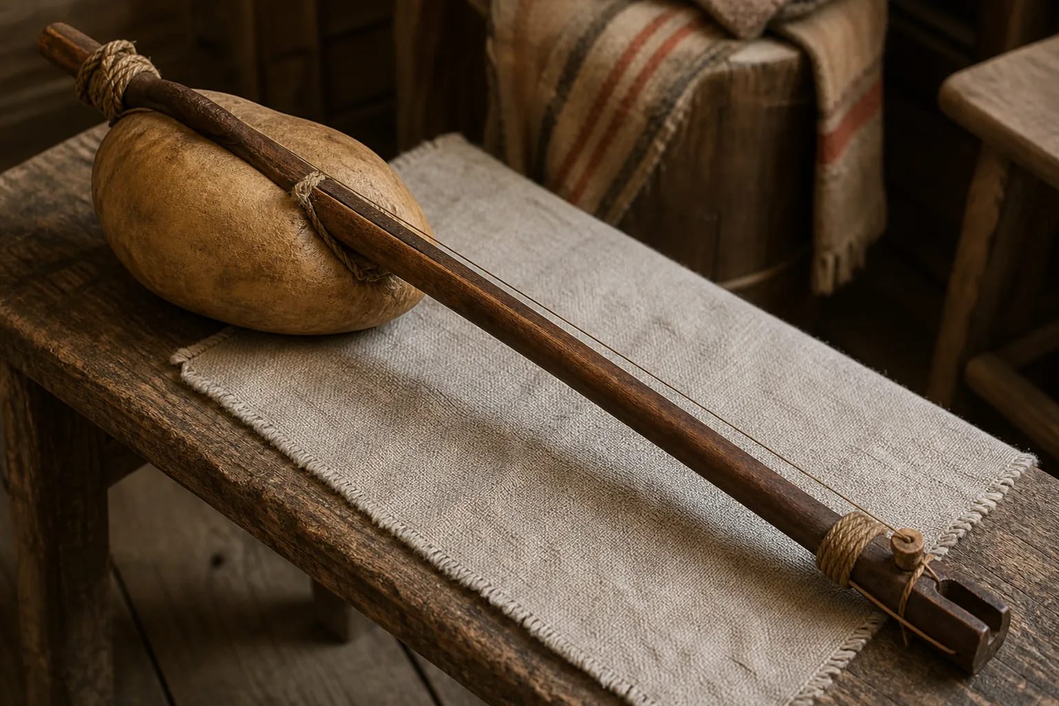 A pūslinė stick, dried bladder, and strings