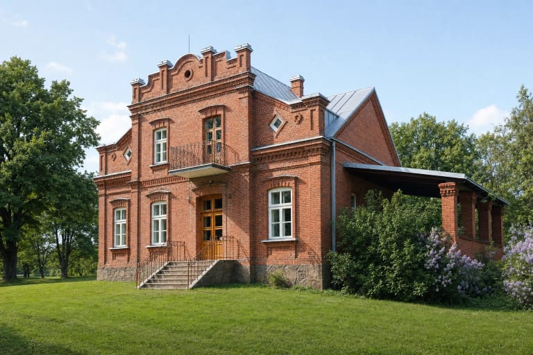 Puziniškio muziejaus raudonplyčiai 1901 m. dvaro rūmai su laiptuotu frontonu, balkonu ir atvira veranda žaliame parke