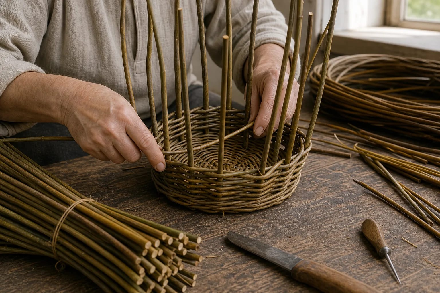 A basket begins with the base and upright willow rods.