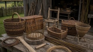 A Lithuanian willow-weaving workshop with baskets, hampers, a seed basket, a chair frame, a half-finished basket, and bundles of rods