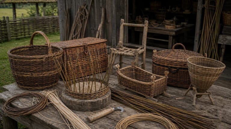 A Lithuanian willow-weaving workshop with baskets, hampers, a seed basket, a chair frame, a half-finished basket, and bundles of rods